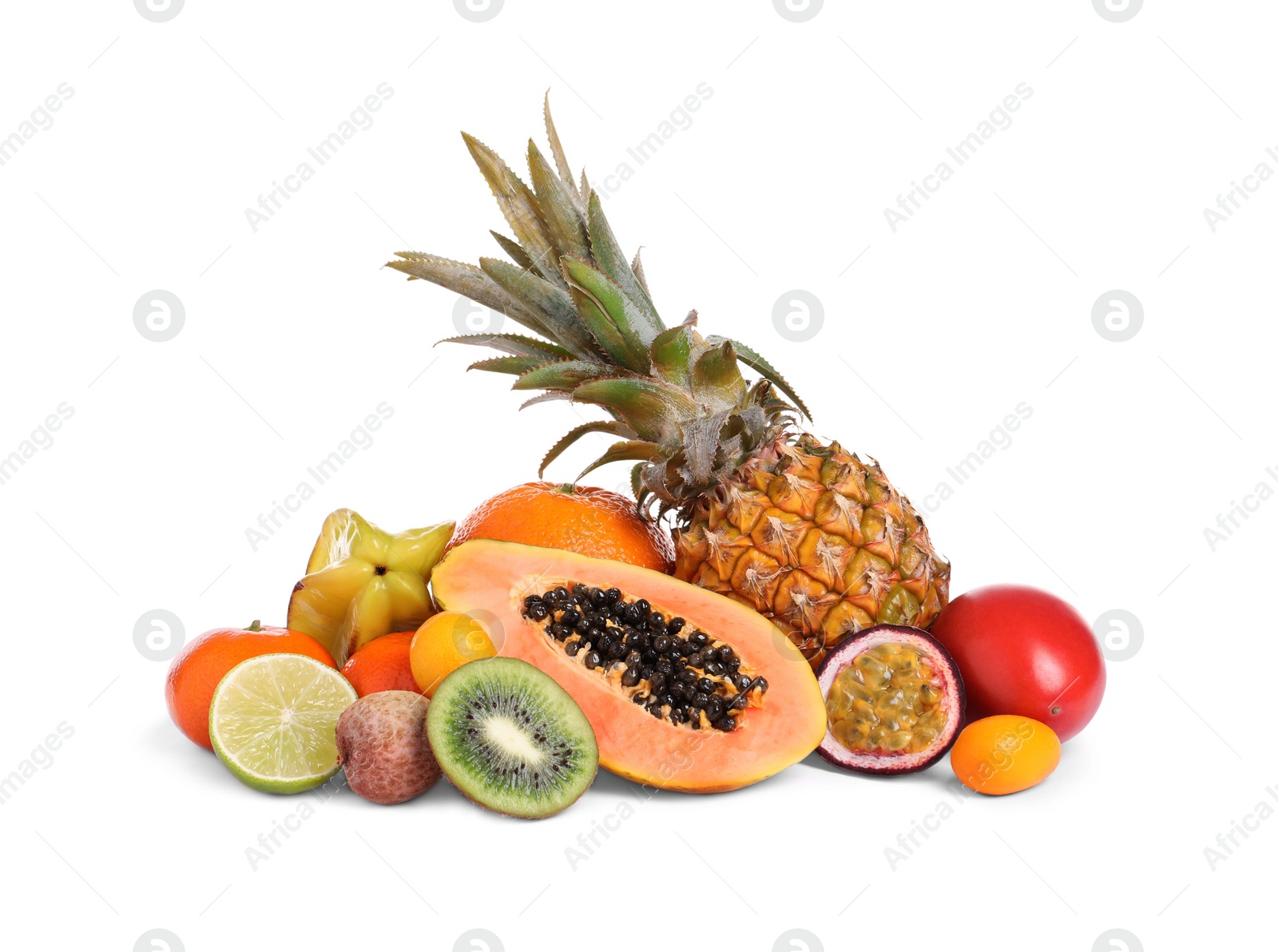 Photo of Pile of different exotic fruits on white background