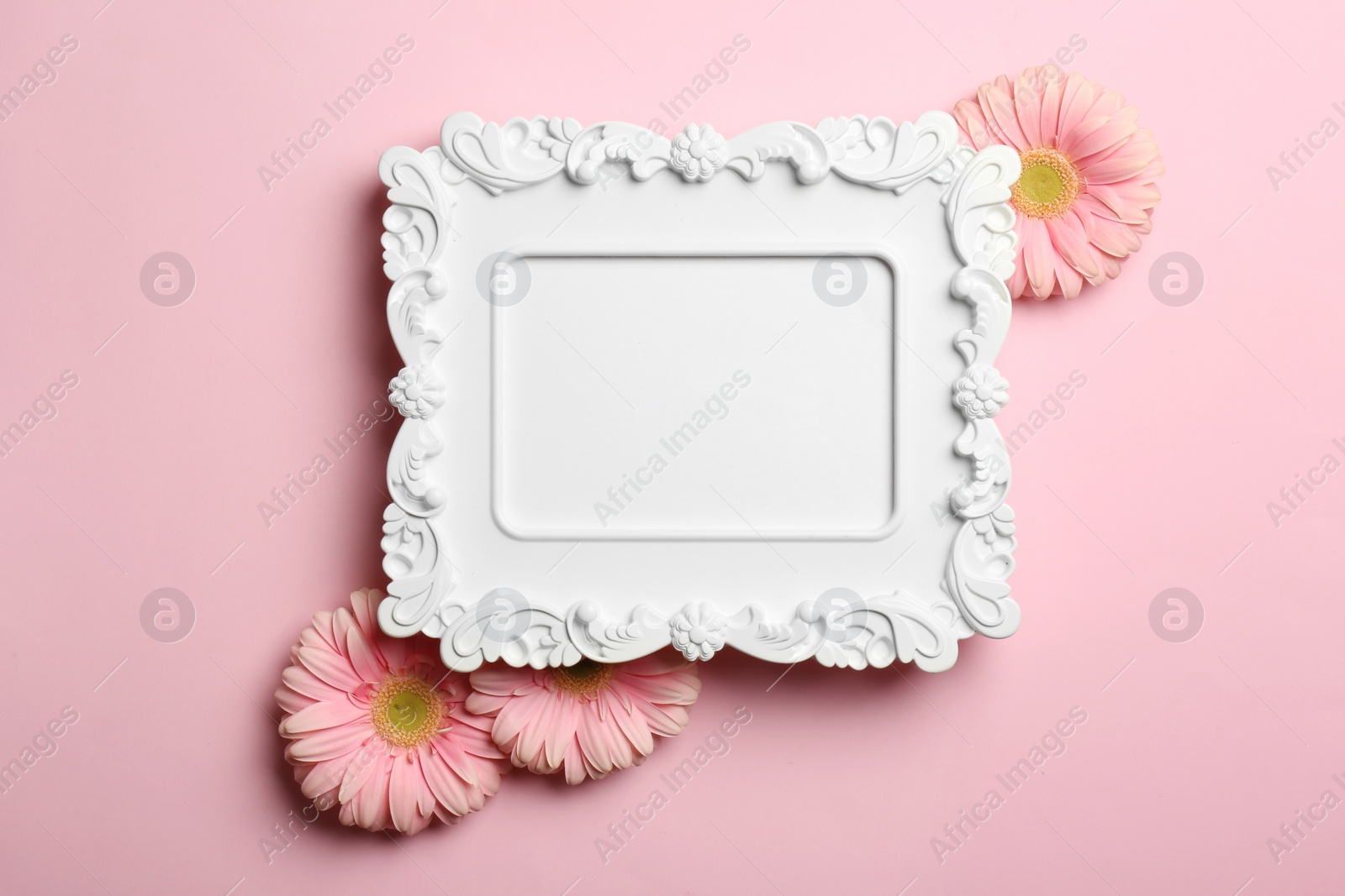 Photo of Empty photo frame and flowers on color background, top view. Space for text