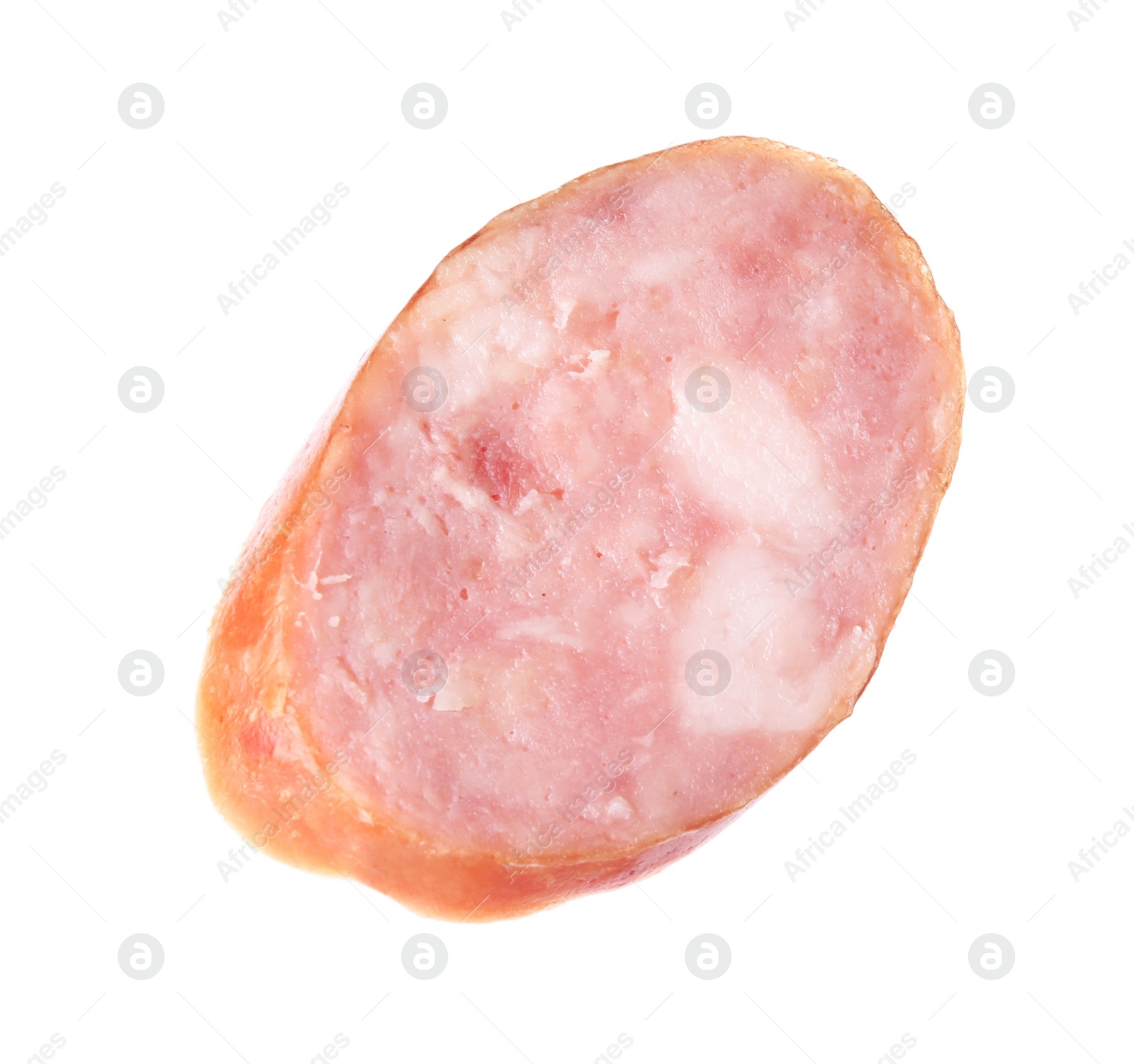 Photo of Slice of delicious smoked sausage isolated on white