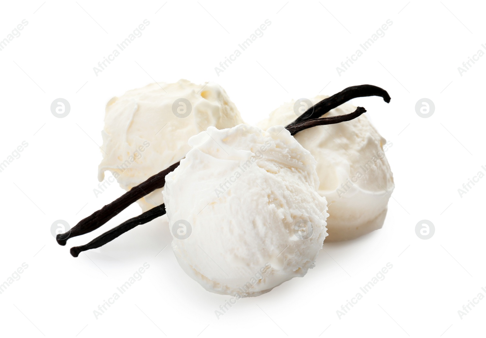 Photo of Balls of tasty vanilla ice cream and sticks on white background