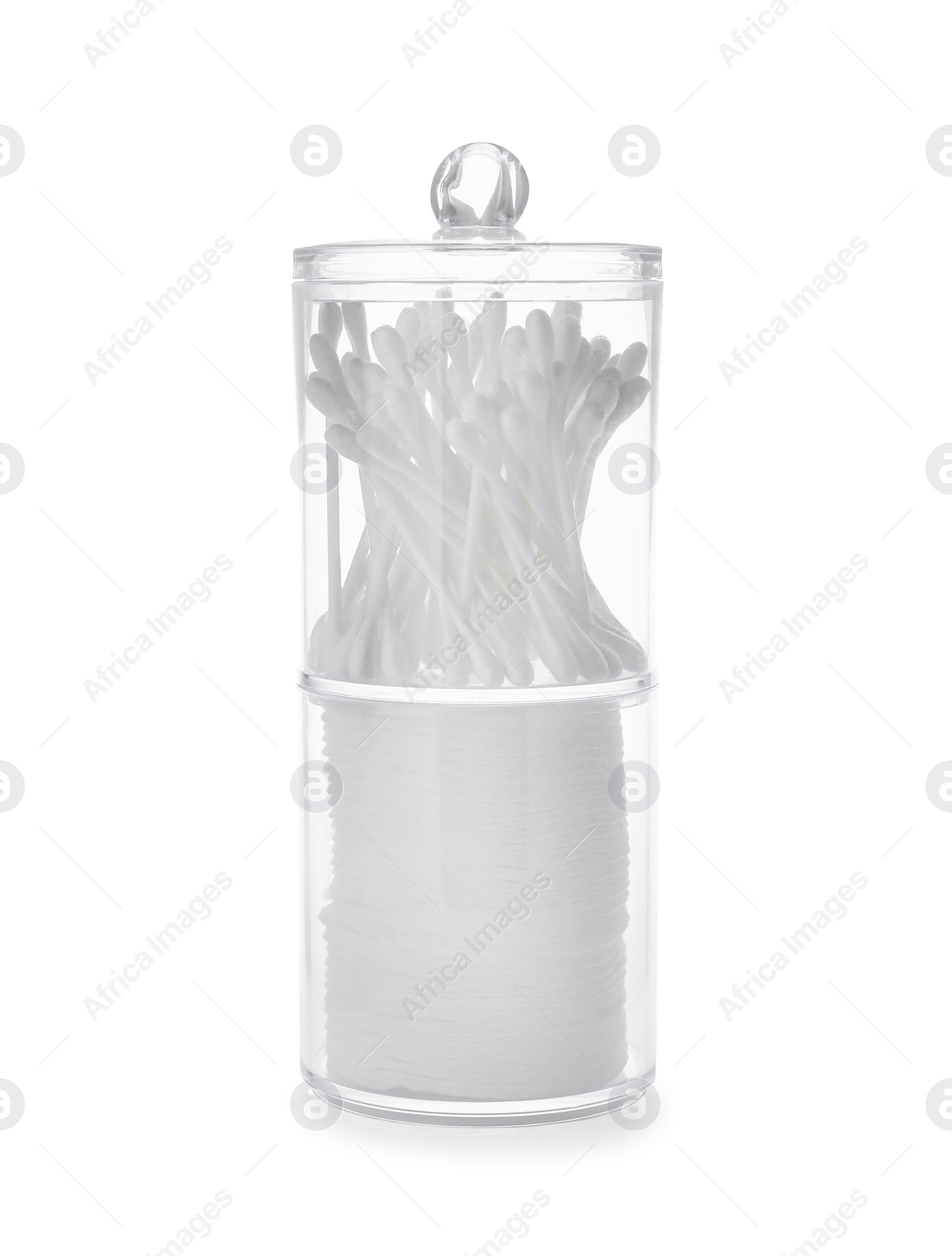 Photo of Cotton pads and swabs in plastic jars on white background