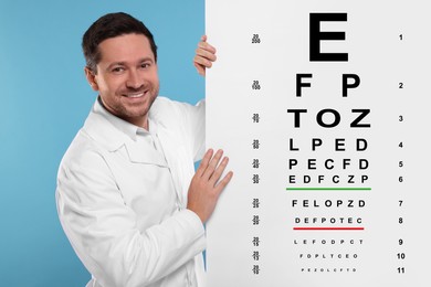 Ophthalmologist with vision test chart on light blue background