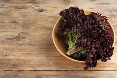 Photo of Bowl of fresh red coral lettuce on wooden table, above view with space for text