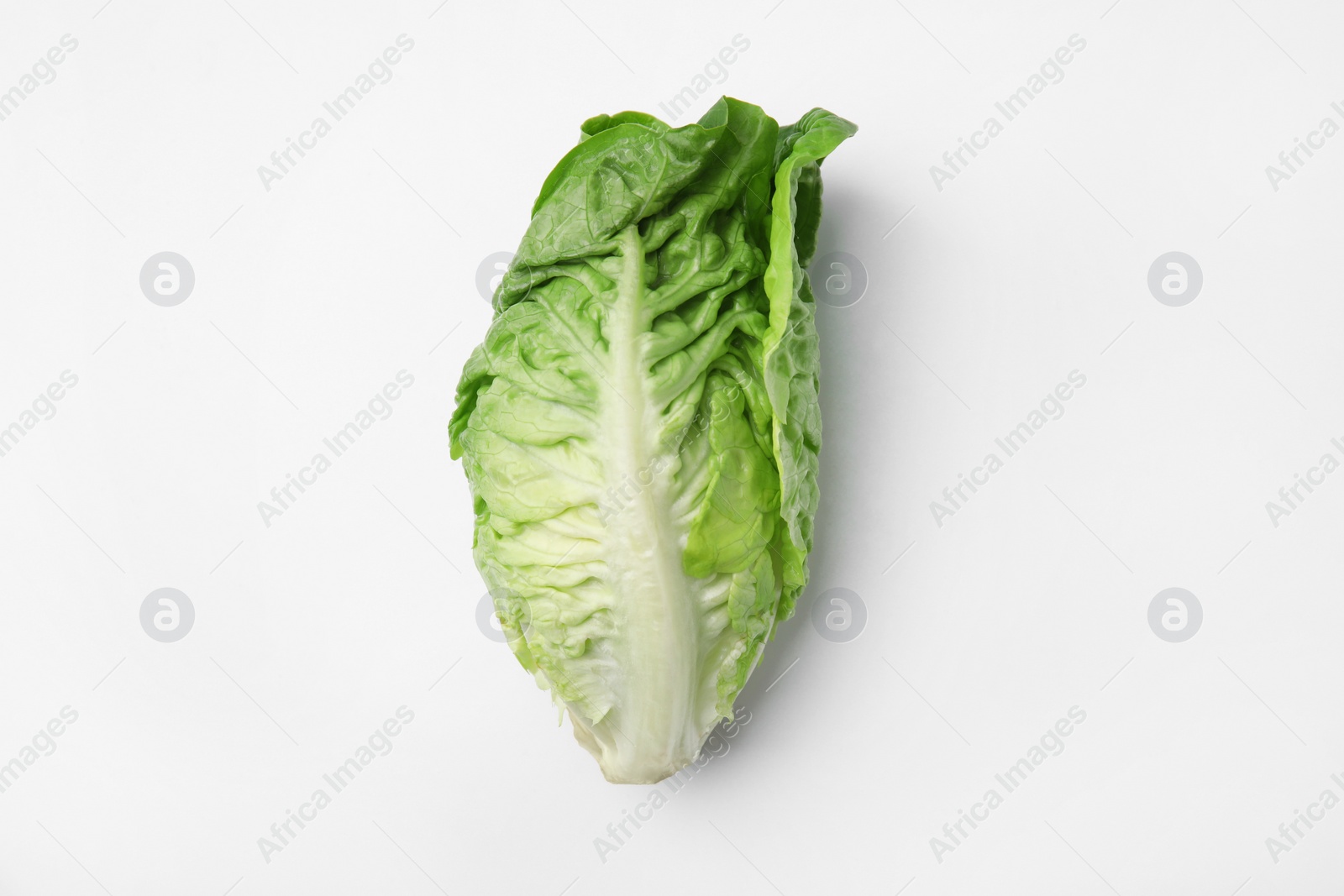 Photo of Fresh green romaine lettuce isolated on white, top view