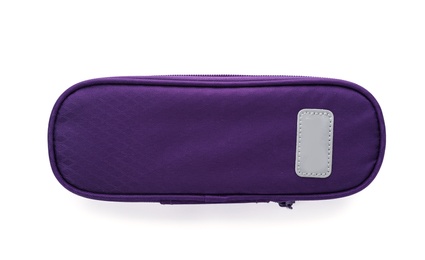Photo of Pen case on white background. Stationery for school