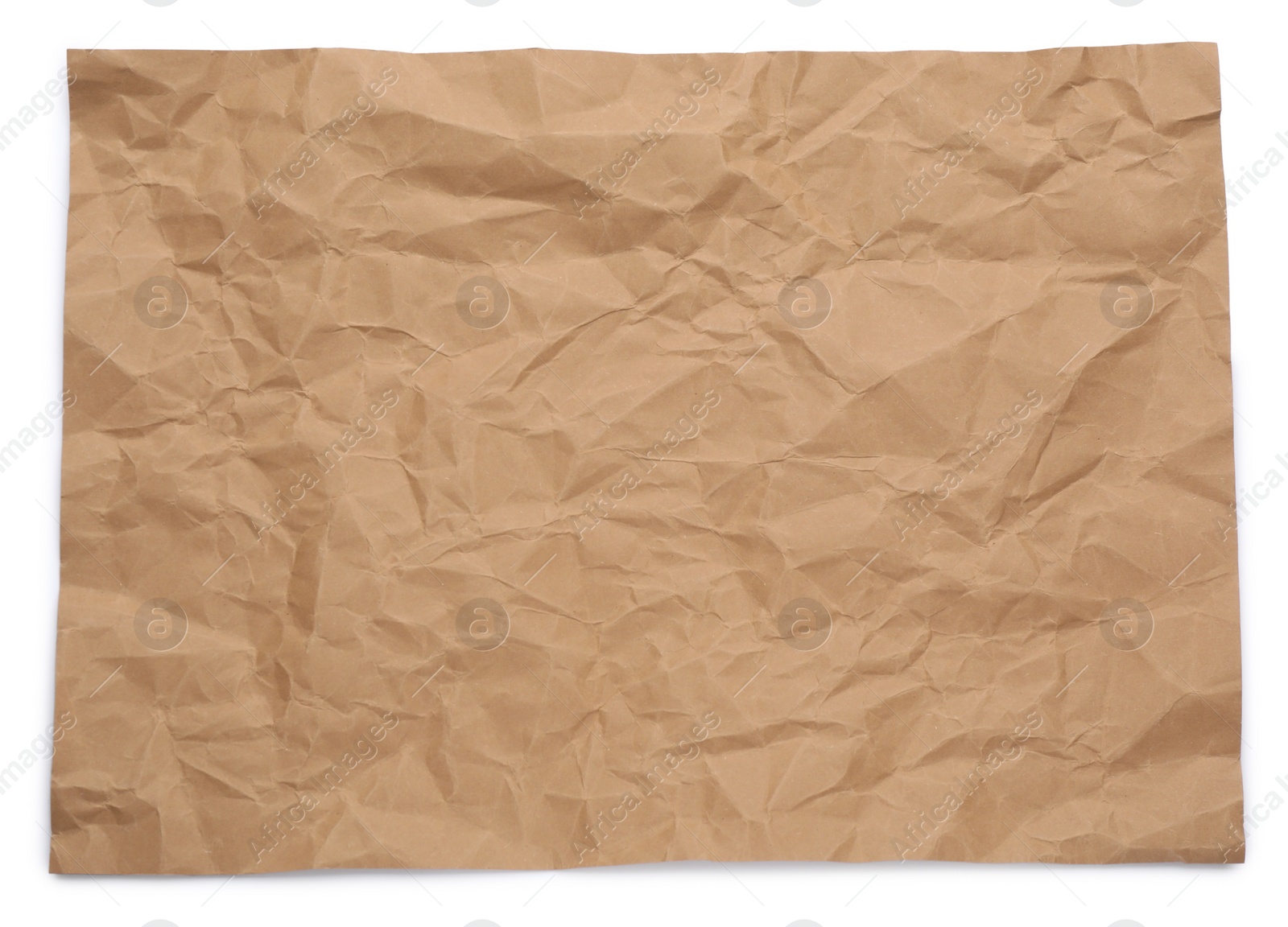 Photo of Sheet of crumpled brown paper on white background, top view