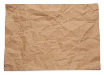 Sheet of crumpled brown paper on white background, top view