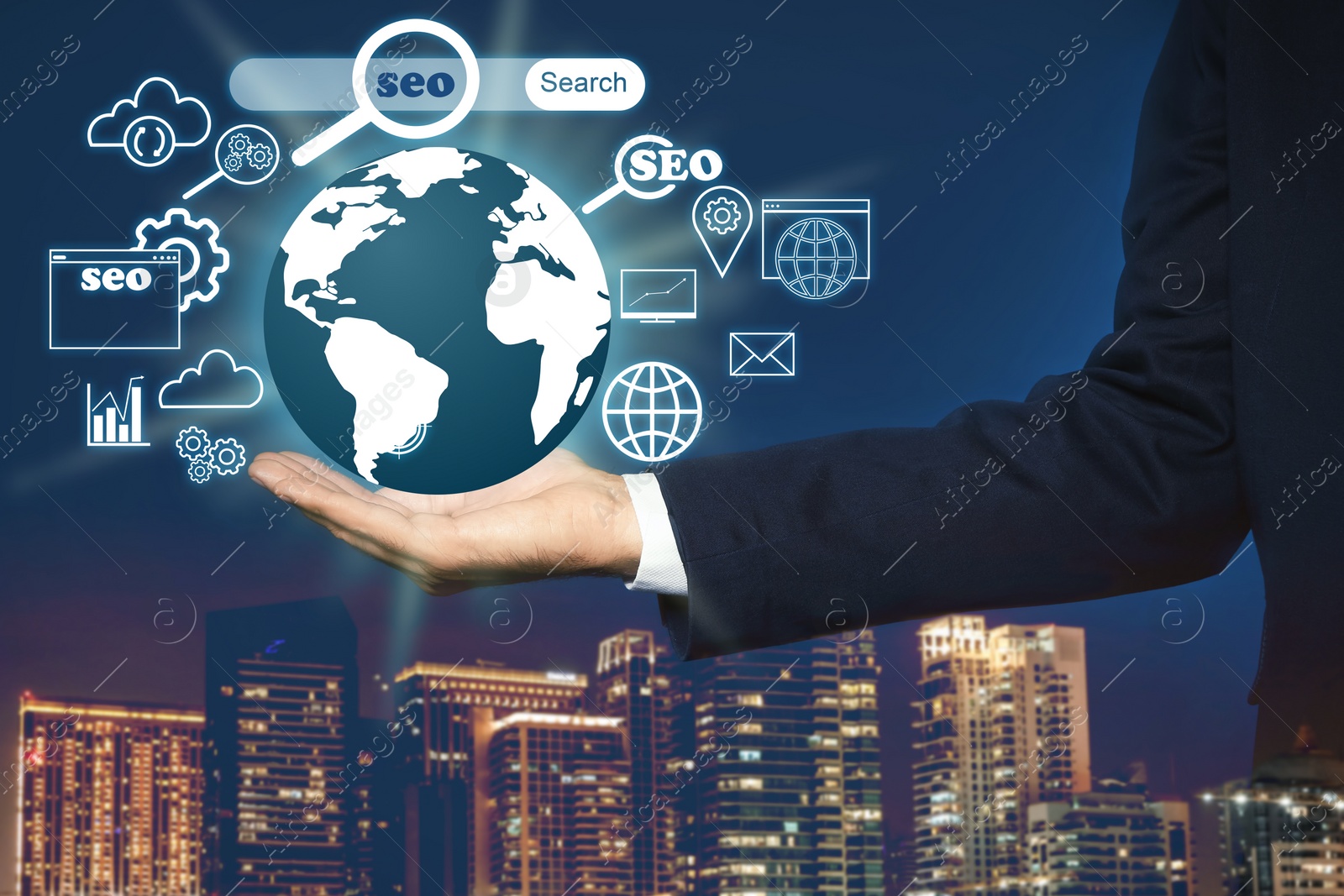 Image of Man demonstrating directions of SEO. World globe with icons of keyword research, customization and others