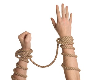 Freedom concept. Man with tied arms on white background, closeup