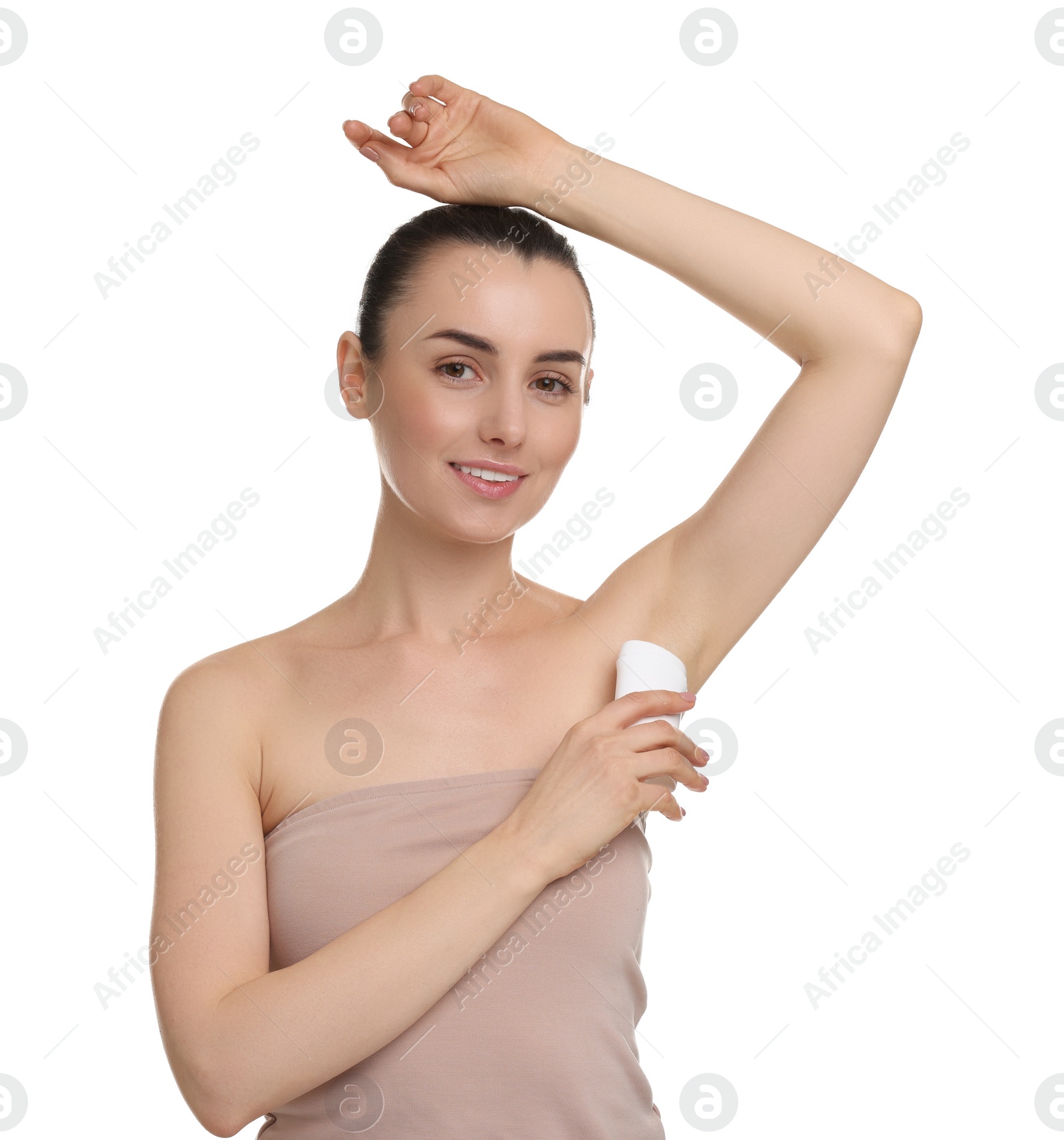 Photo of Beautiful woman applying deodorant on white background