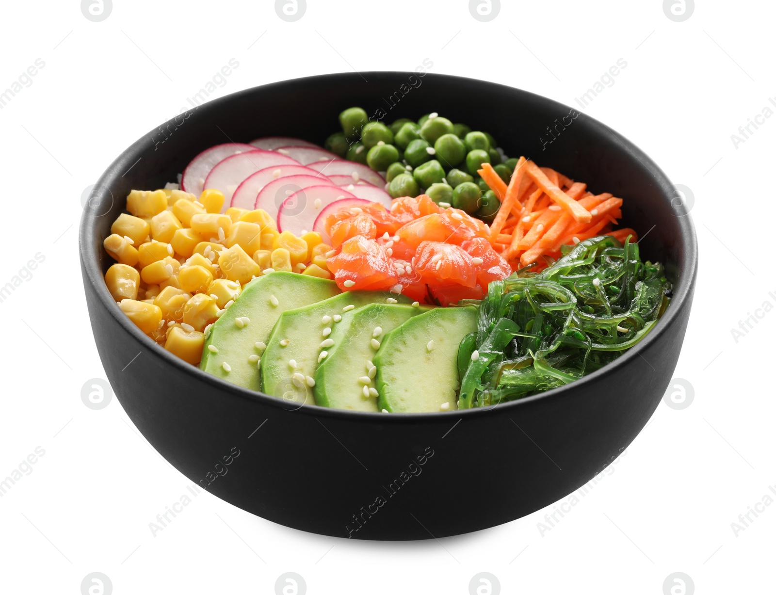 Photo of Delicious salad with salmon, vegetables and seaweed in bowl isolated on white