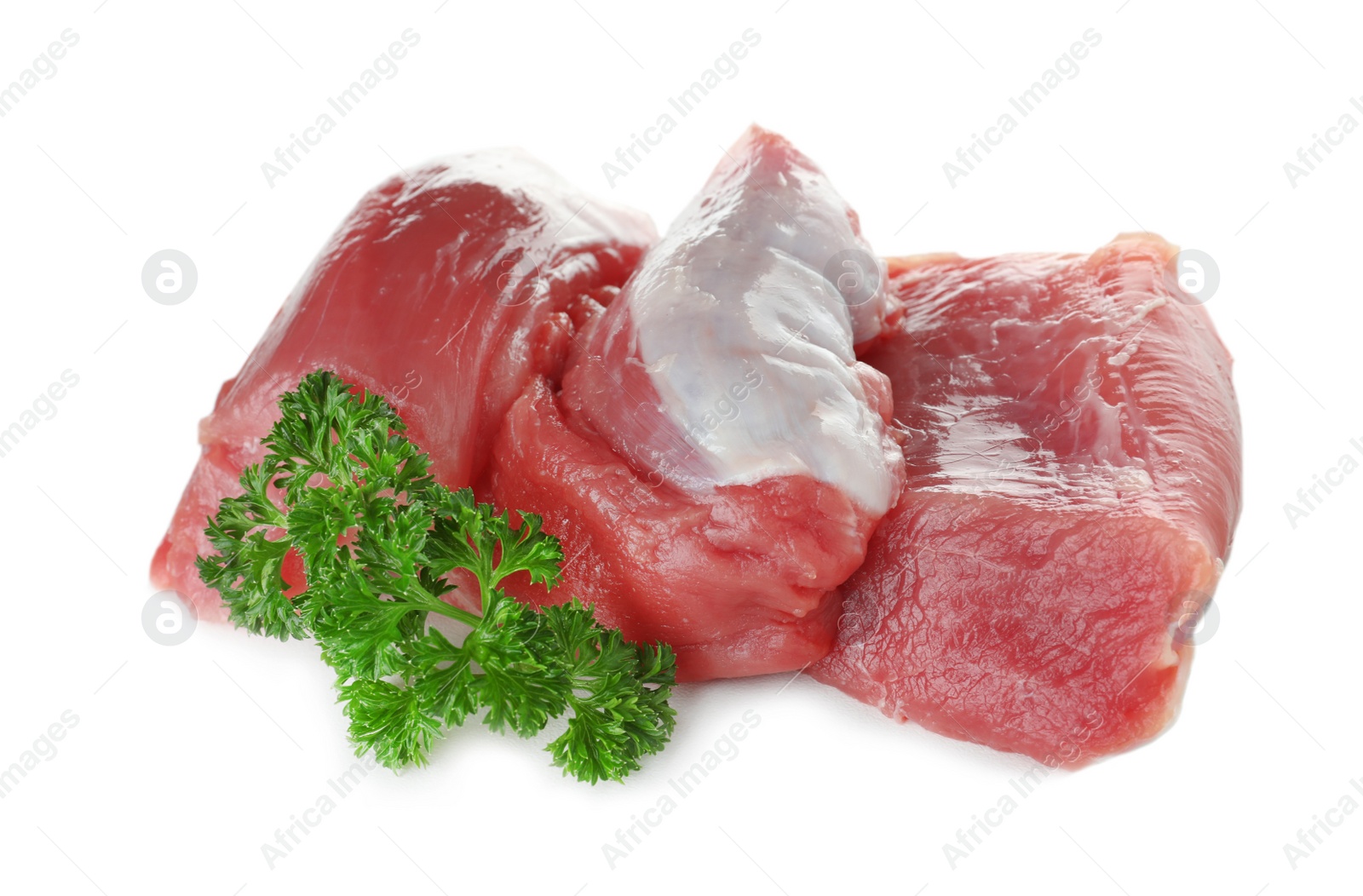 Photo of Raw meat with parsley on white background