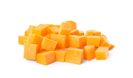 Photo of Cubes of fresh ripe carrot isolated on white