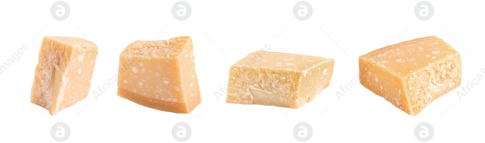 Image of Set with pieces of delicious parmesan cheese on white background. Banner design