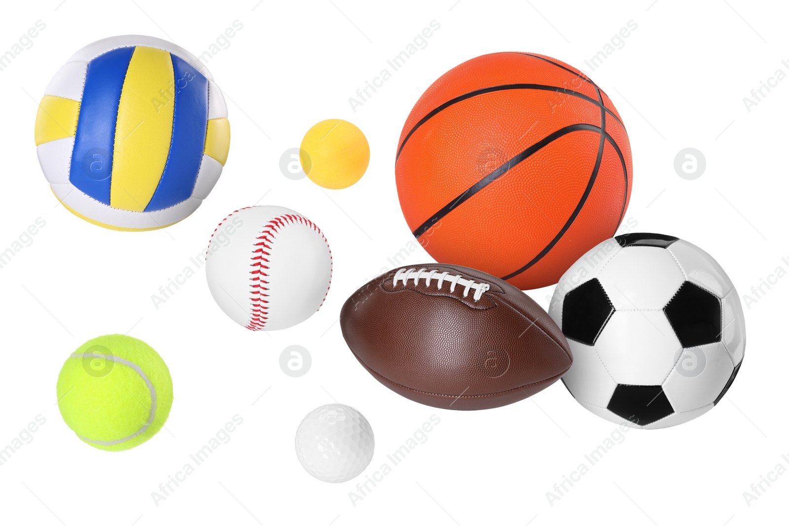 Image of Many balls for different sports flying on white background