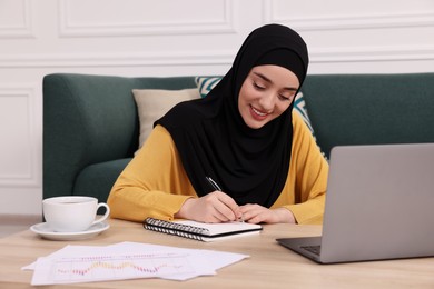 Photo of Muslim woman in hijab writing notes near laptop at wooden table indoors