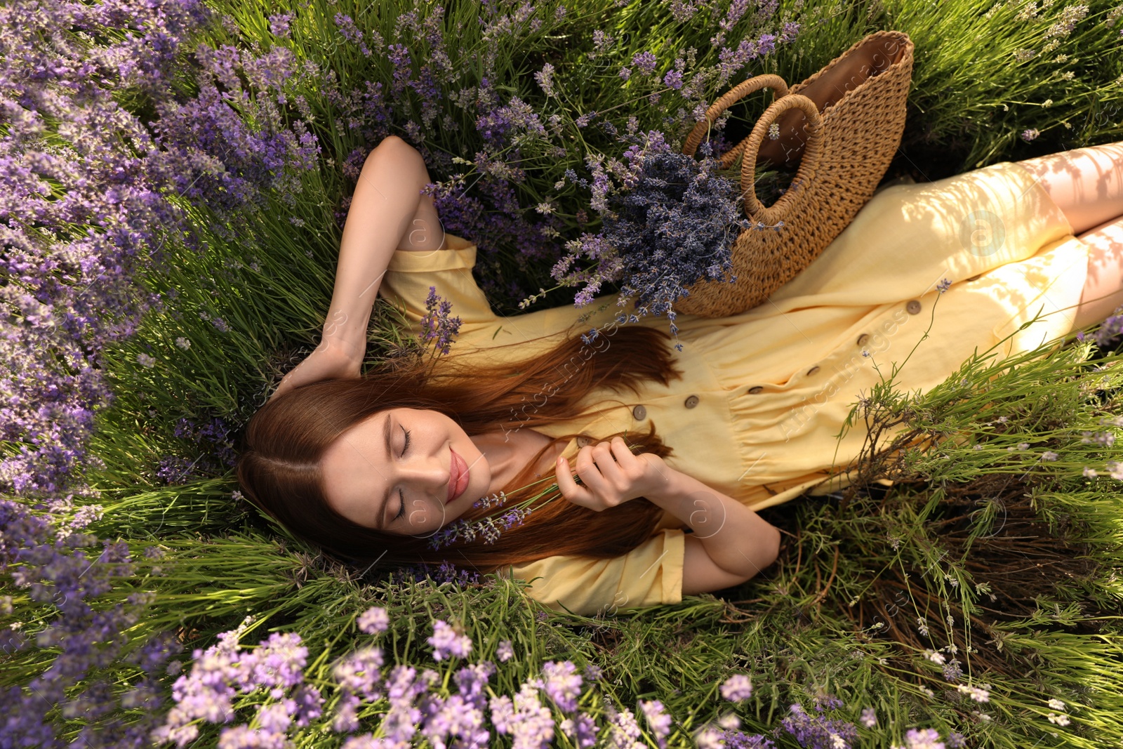 Photo of Young woman lying in lavender field on summer day, top view