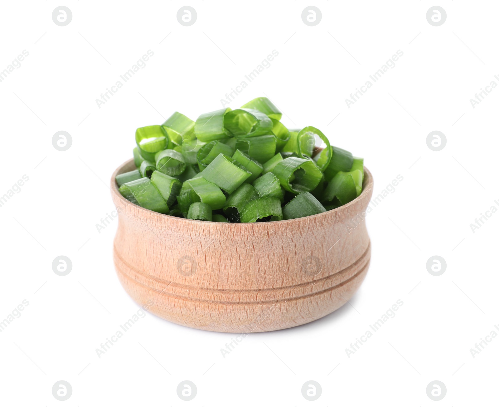 Photo of Wooden bowl of cut green onion on white background