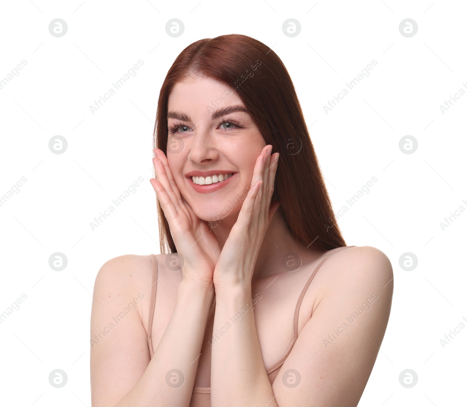 Photo of Portrait of smiling woman on white background