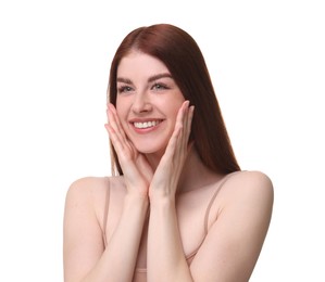 Photo of Portrait of smiling woman on white background