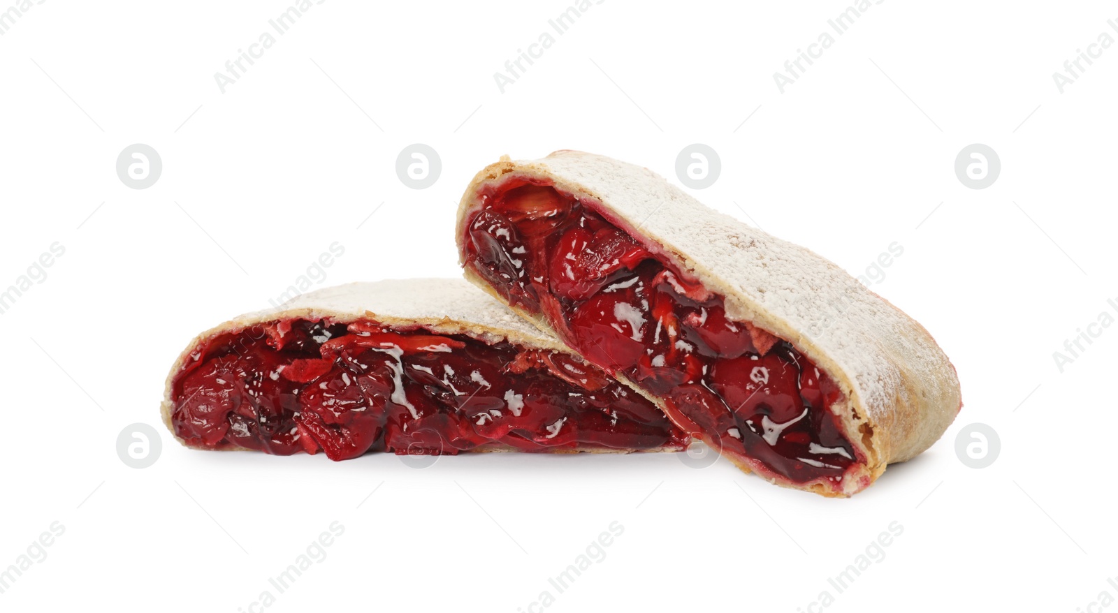 Photo of Delicious cut strudel with cherries isolated on white