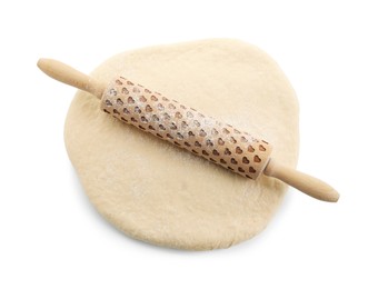 Photo of Raw dough and rolling pin isolated on white, top view