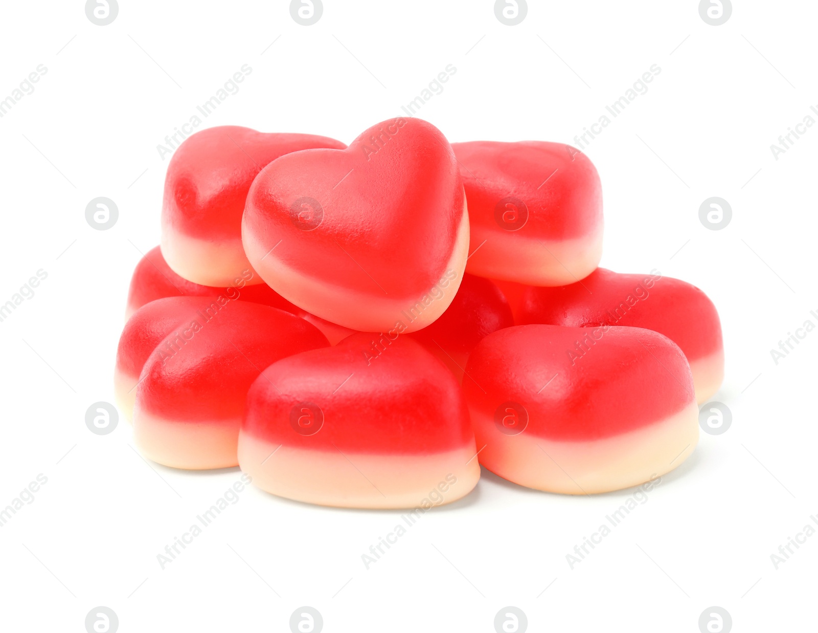 Photo of Pile of heart shaped jelly candies on white background