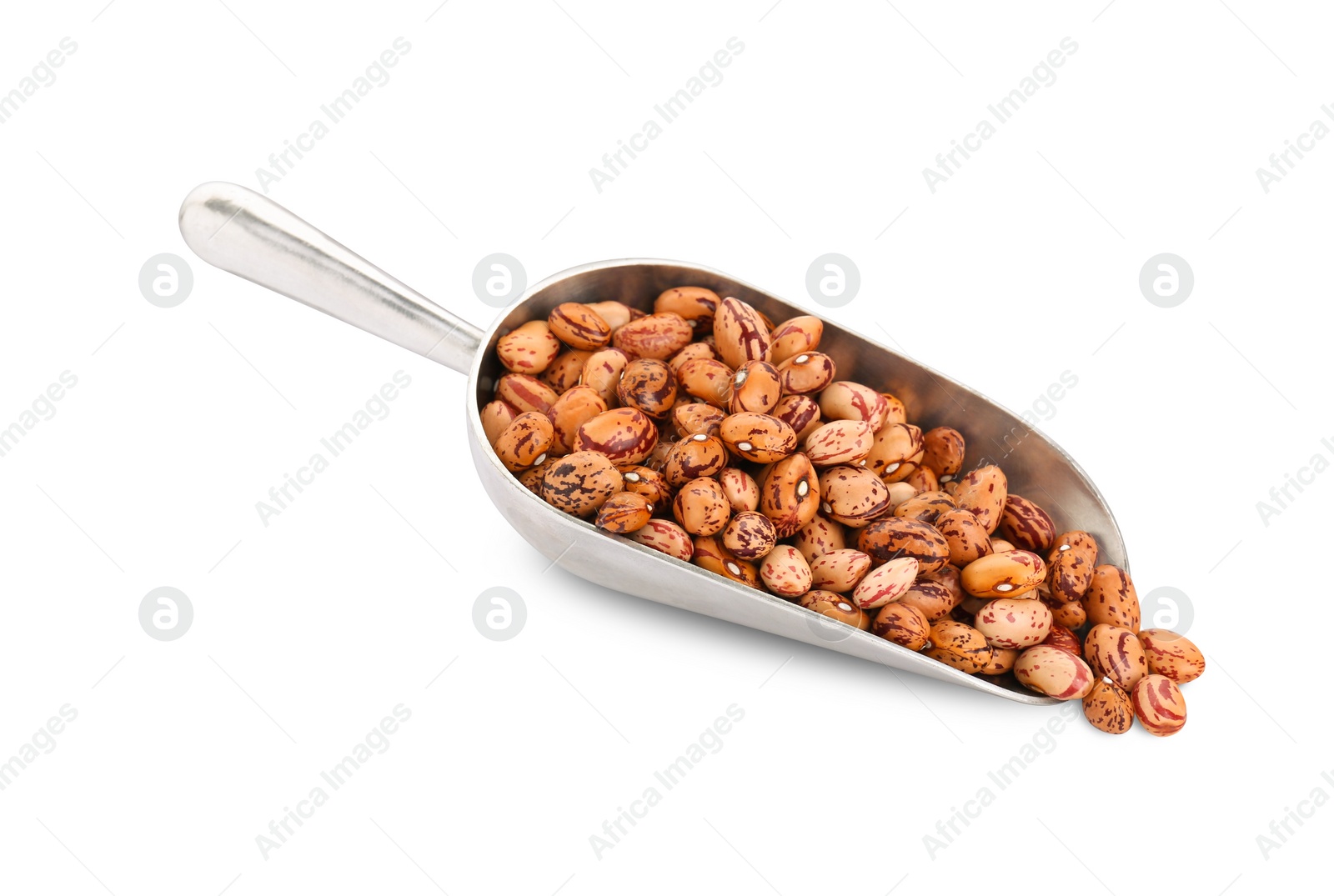 Photo of Metal scoop with dry kidney beans isolated on white