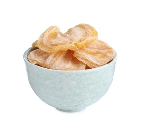 Delicious dried jackfruit slices in bowl isolated on white