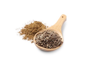 Photo of Heap of aromatic caraway (Persian cumin) powder and wooden spoon of seeds isolated on white