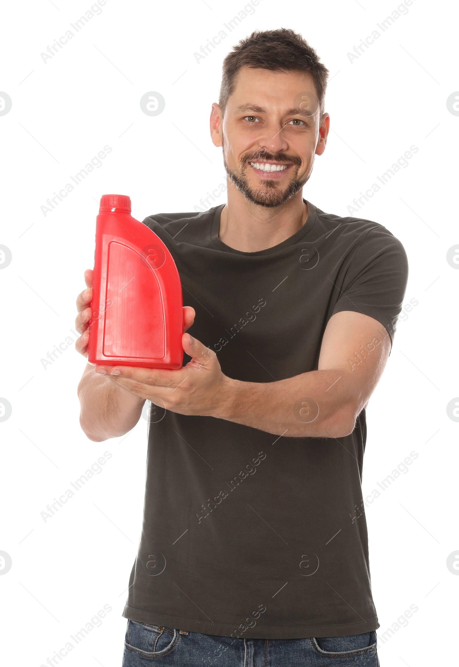 Photo of Man showing red container of motor oil on white background