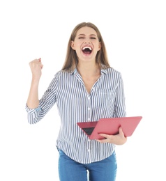 Photo of Emotional young woman with laptop celebrating victory on white background