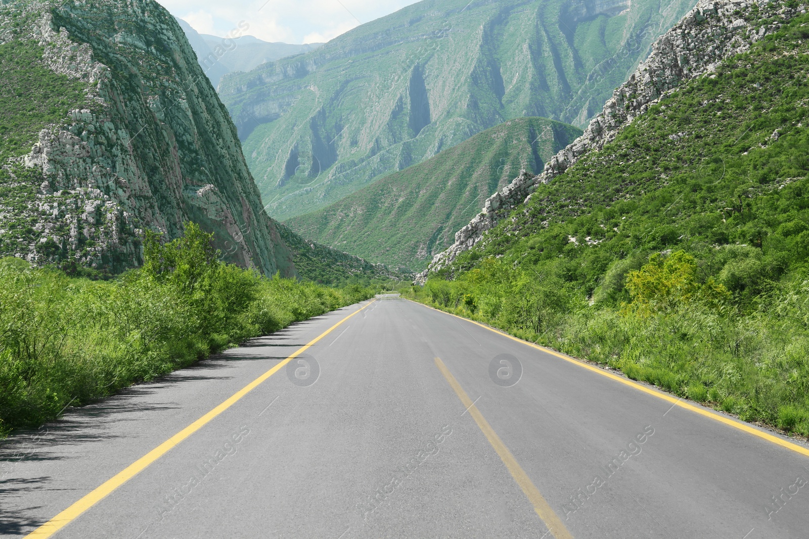 Photo of Picturesque view of big mountains and bushes near road