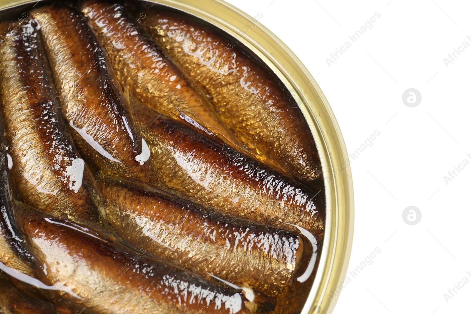 Photo of One tin can of sprats isolated on white, top view