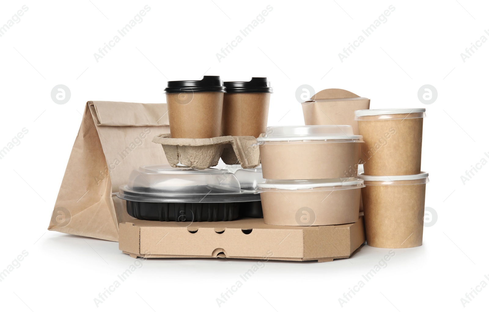 Photo of Different containers on white background, mockup for design. Food delivery