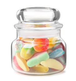 Photo of Tasty jelly candies in jar on white background