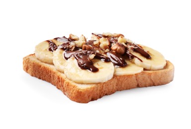 Photo of Delicious toast with bananas, chocolate cream and nuts isolated on white