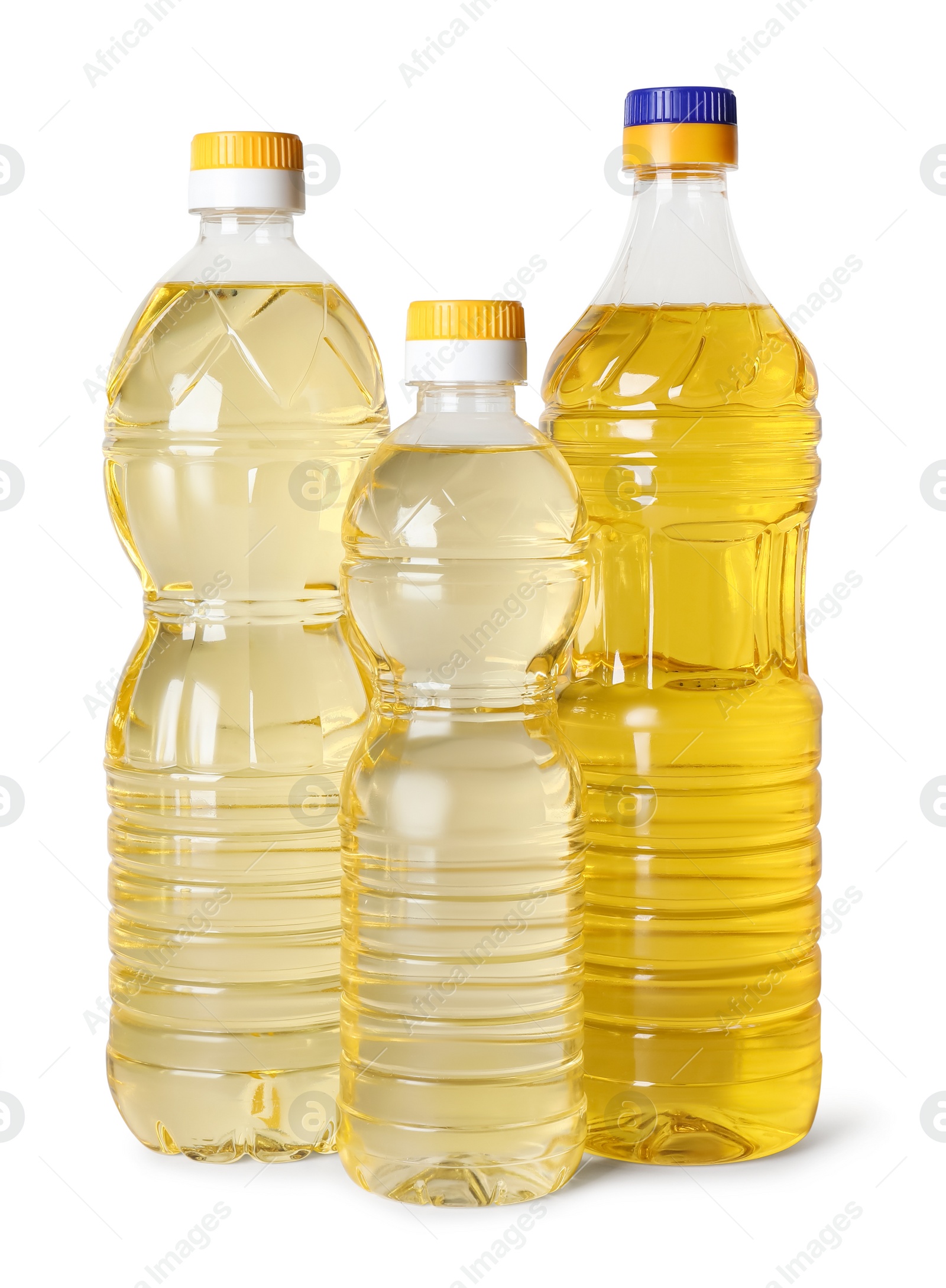 Photo of Bottles of cooking oil on white background