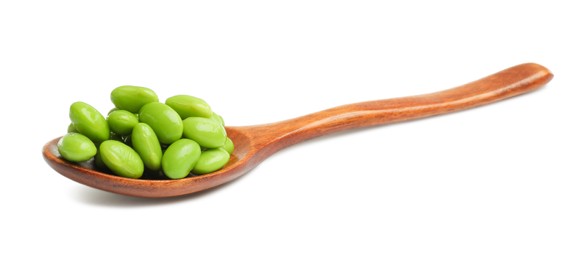 Spoon with fresh edamame soybeans on white background