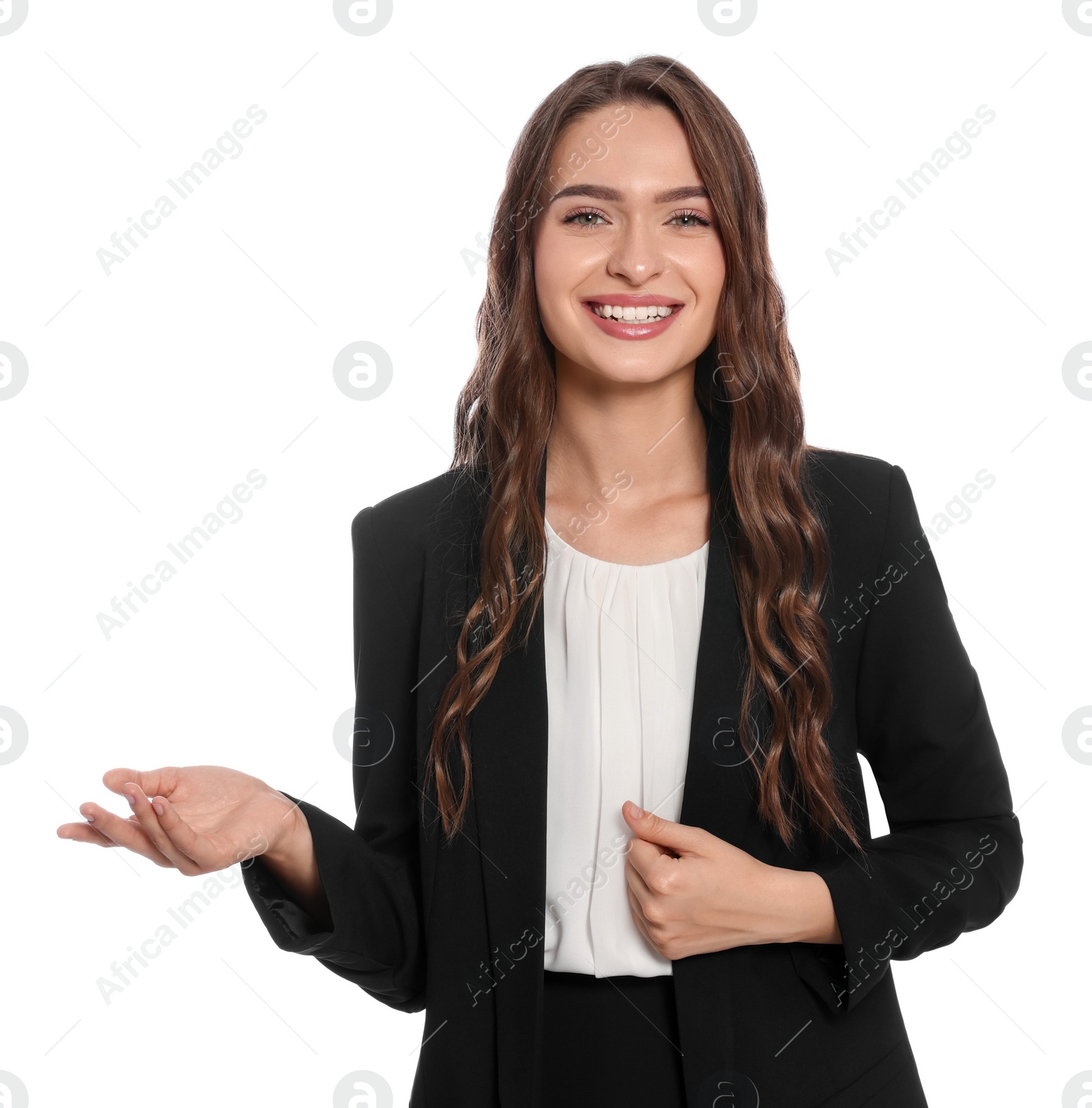 Photo of Portrait of hostess in uniform on white background