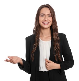 Photo of Portrait of hostess in uniform on white background