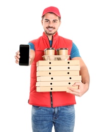 Young man holding orders and smartphone isolated on white, mockup for design. Online food delivery