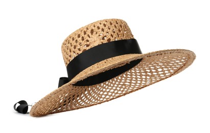 Stylish straw hat isolated on white. Fashionable accessory