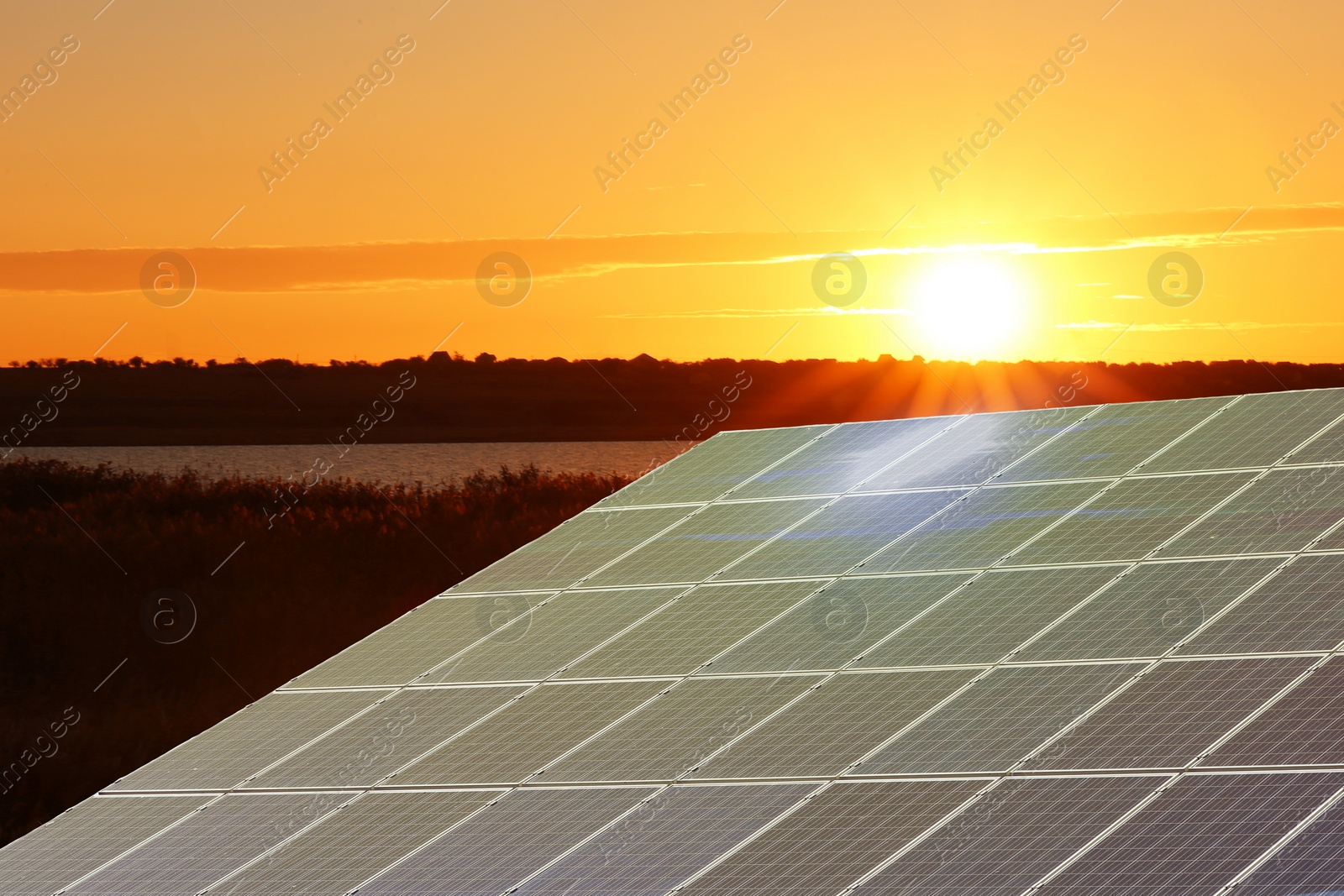 Image of Solar panels installed outdoors. Alternative energy source