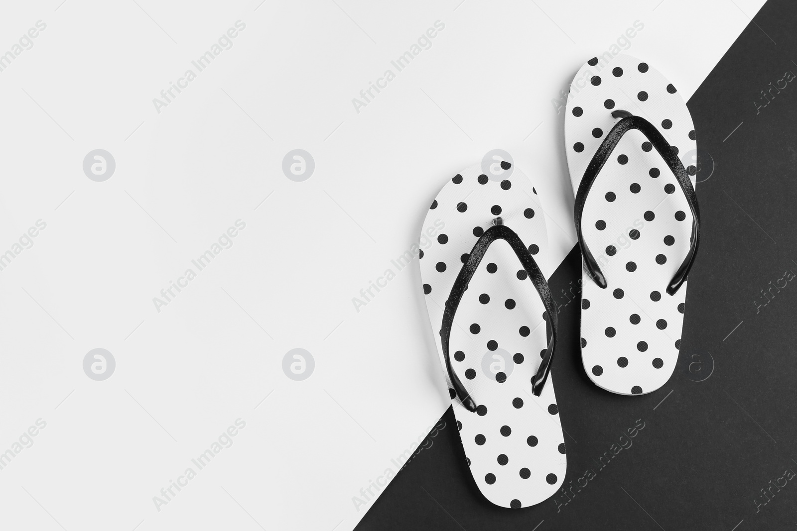 Photo of Stylish flip flops on color background, flat lay. Space for text