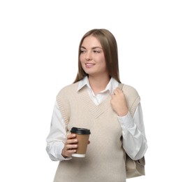 Photo of Teenage student with backpack and paper cup of coffee on white background