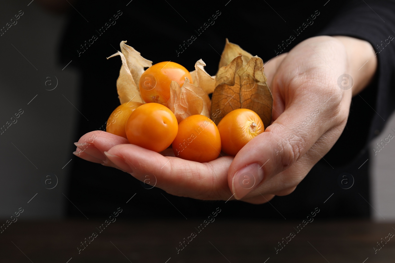 Photo of Woman holding pile of ripe physalis fruits and calyxes, closeup