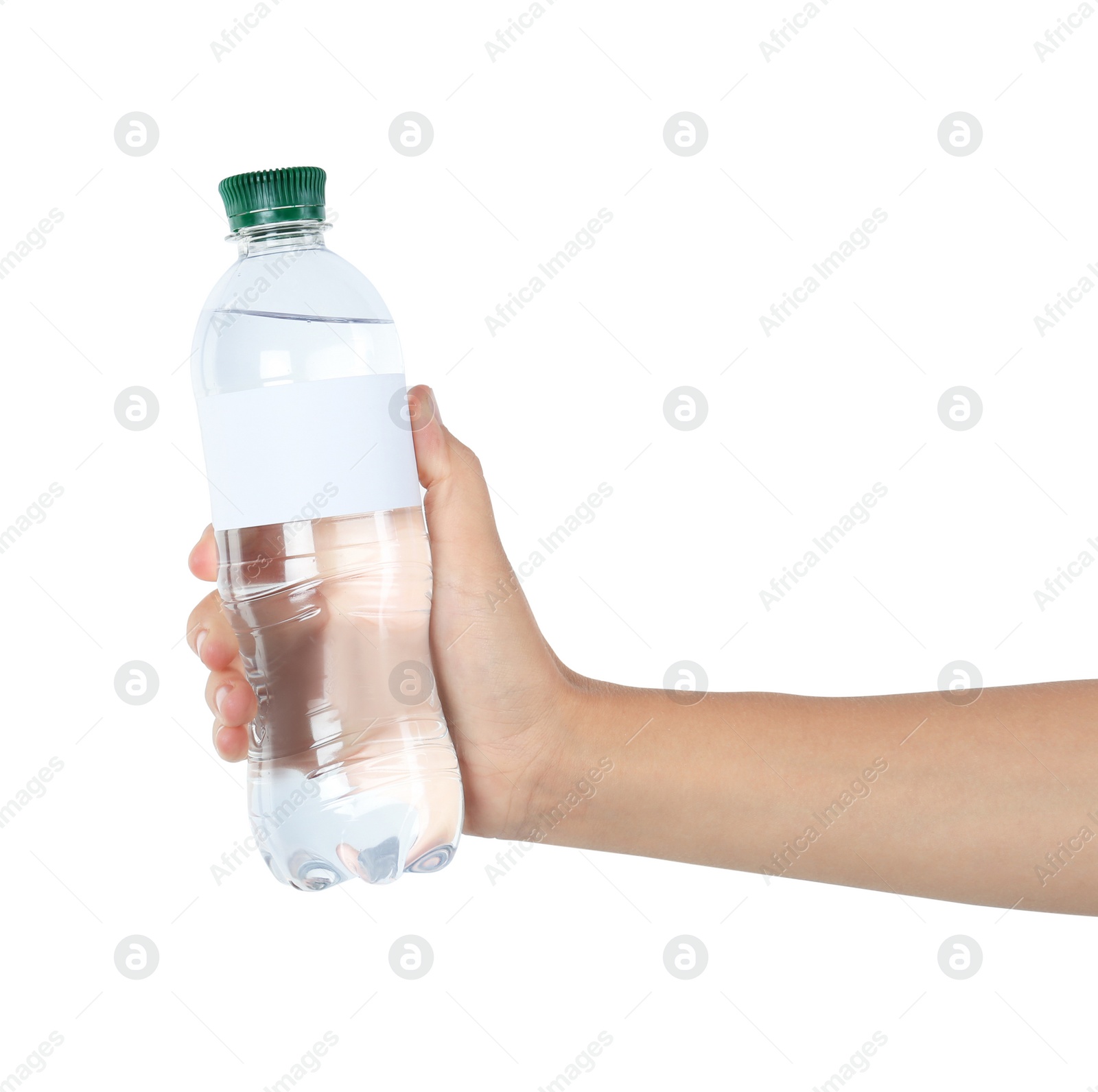 Photo of Woman holding plastic bottle of pure water with blank tag on white background