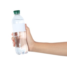 Photo of Woman holding plastic bottle of pure water with blank tag on white background