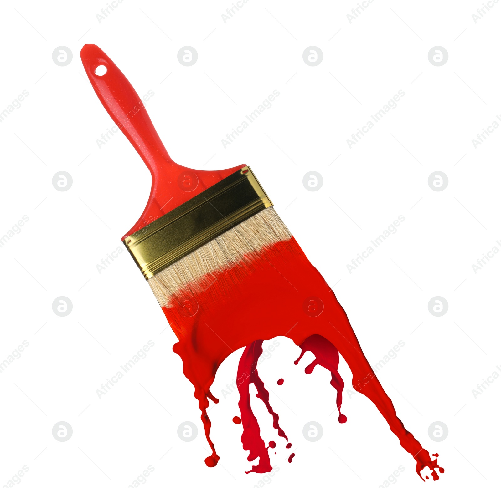 Image of Brush and splashing red paint on white background